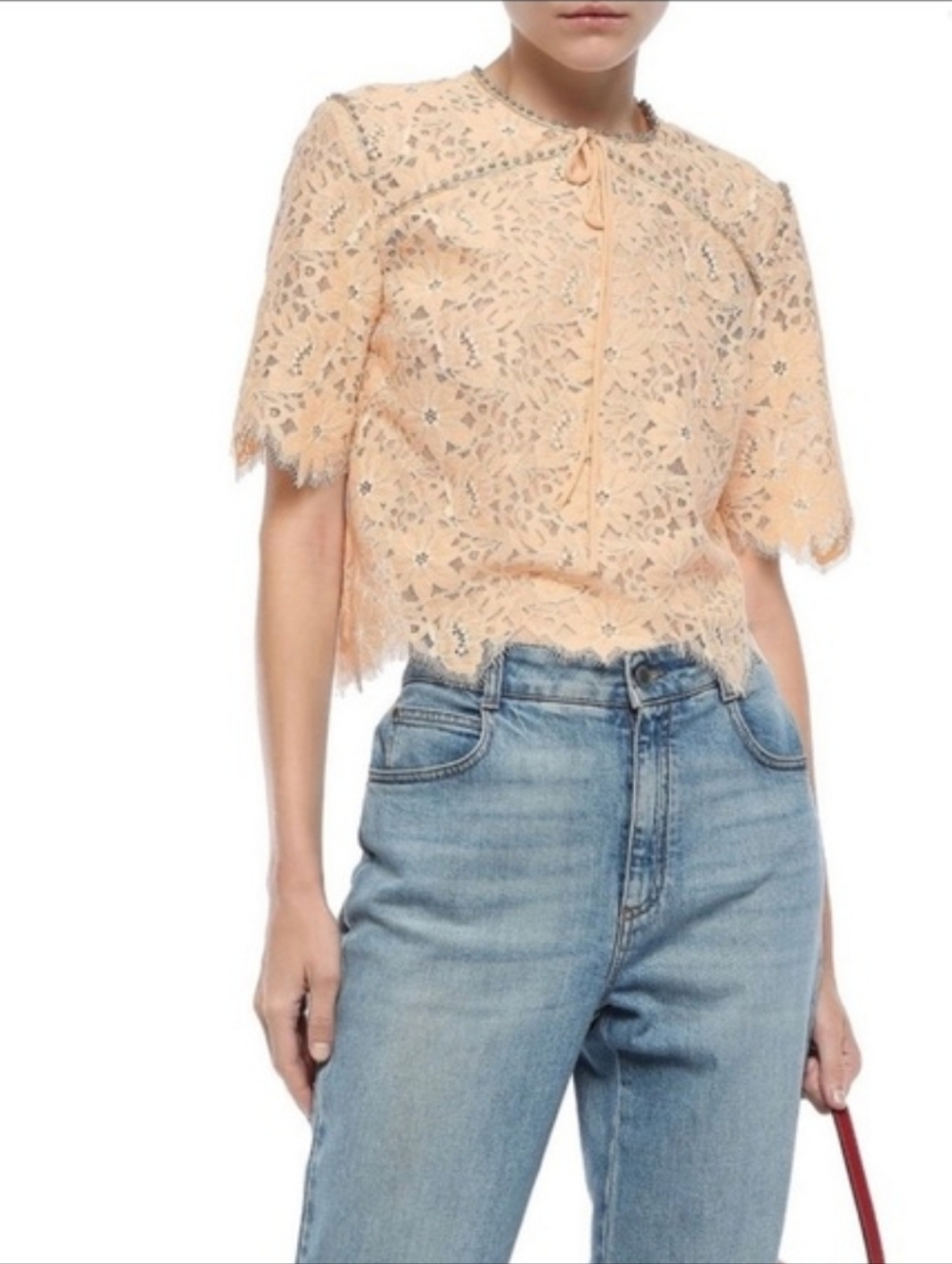 Sandro Paris Top Peach lace Rhinestone‎ Trim